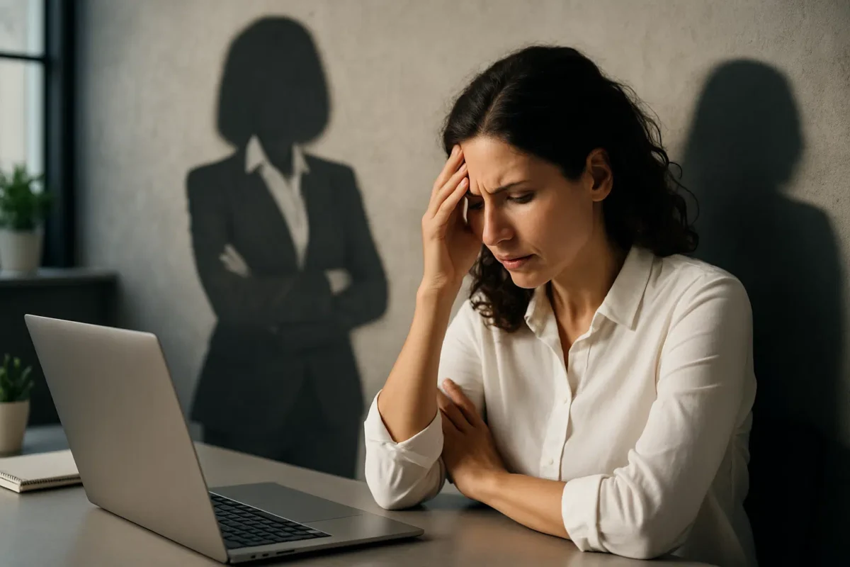 Por que você sente que 'não fez nada' em março? A 'Síndrome da impostora' apaga suas conquistas no outono 6 Mulher sentada à mesa com expressão preocupada ao lado de um notebook, com sombra de figura confiante na parede.