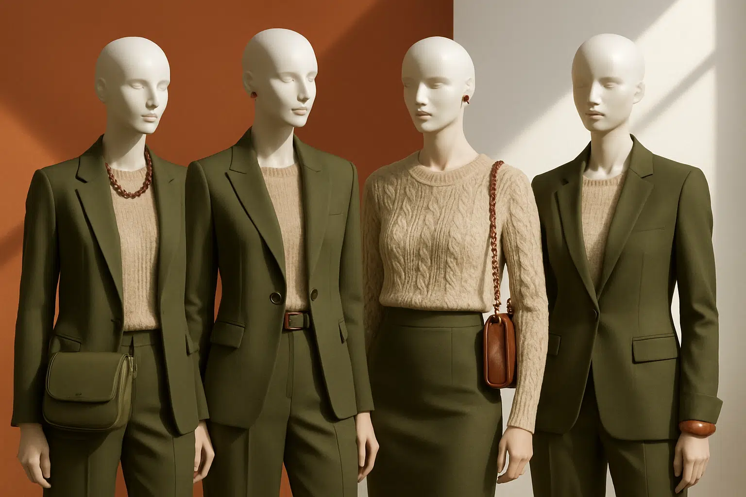 As cores que dominam o Outono 2026: saiba como combinar tons terrosos e verde-oliva 7 Quatro manequins vestidos com roupas sociais verdes e blusas bege