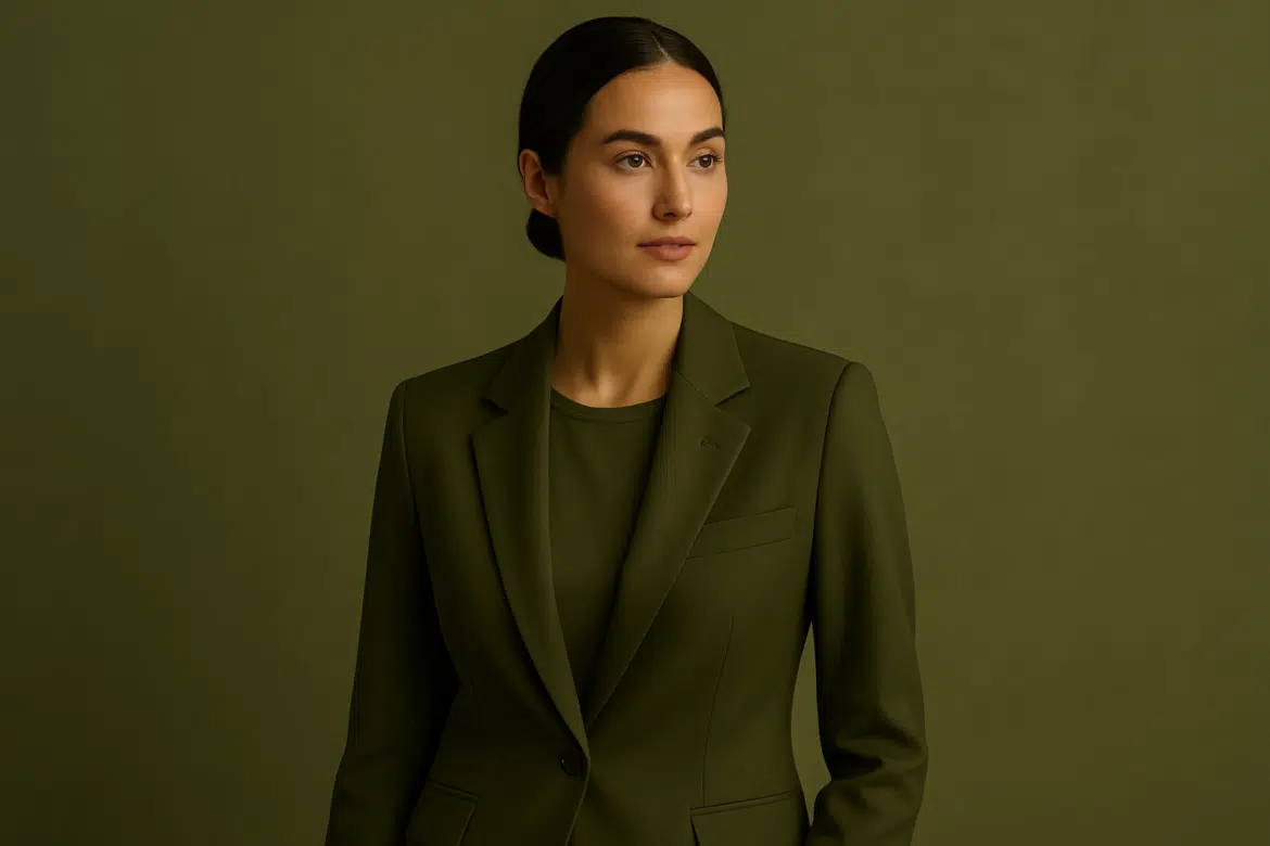 Mulher com cabelo preso usando blazer verde oliva em fundo da mesma cor