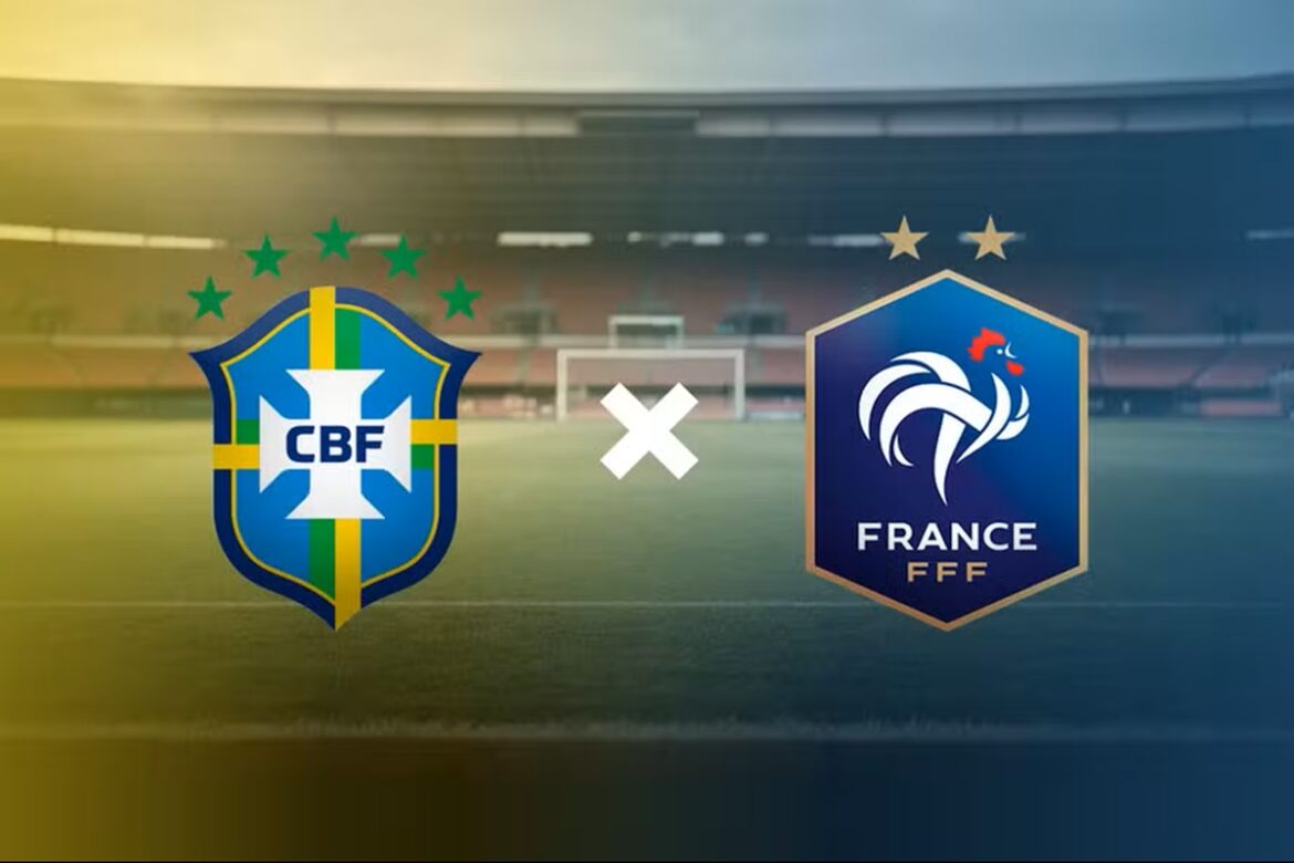 Escudos das seleções do Brasil e França frente a frente em estádio vazio