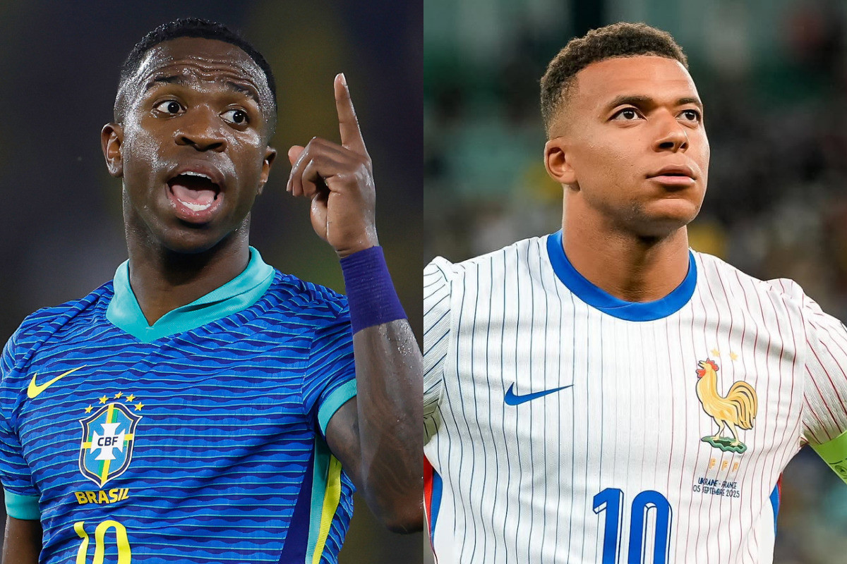 Vinicius Jr. contra Mbappé: quem lidera em gols antes de Brasil x França 6 Vinicius Jr. com dedo levantado ao lado de Mbappé atento, ambos com uniformes de suas seleções