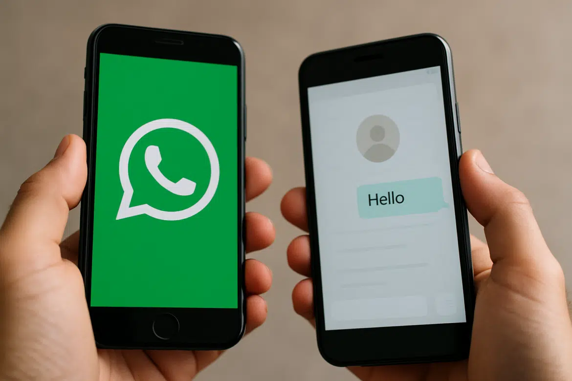 Duas mãos segurando smartphones, um com o logo do WhatsApp e outro com uma mensagem de texto