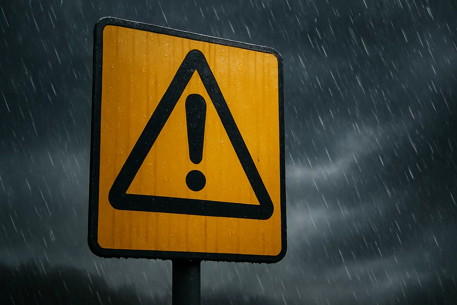 Placa de aviso de perigo com ponto de exclamação sob chuva