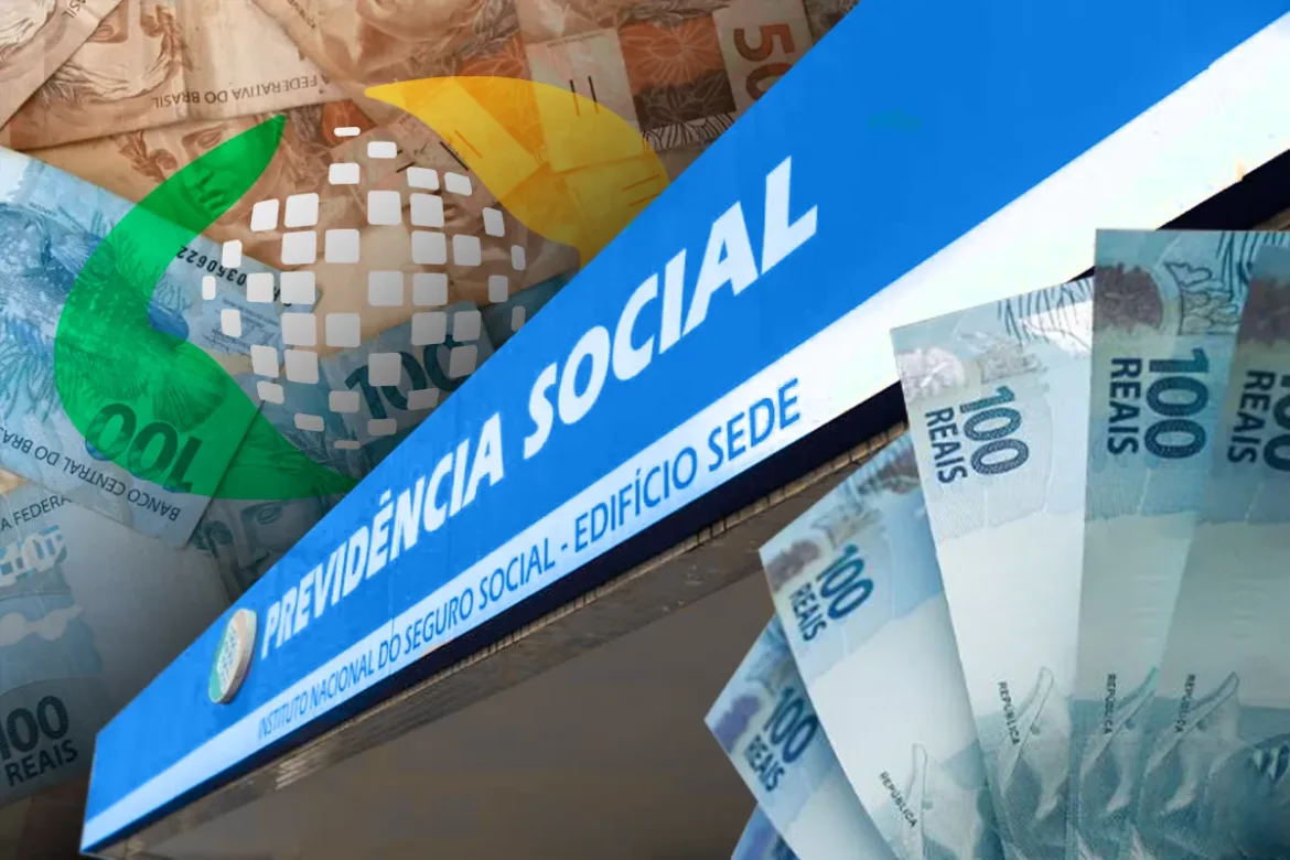 Colagem mostrando o logotipo da Previdência Social em uma placa azul, notas de 100 reais em destaque no canto inferior direito e várias cédulas de real ao fundo.