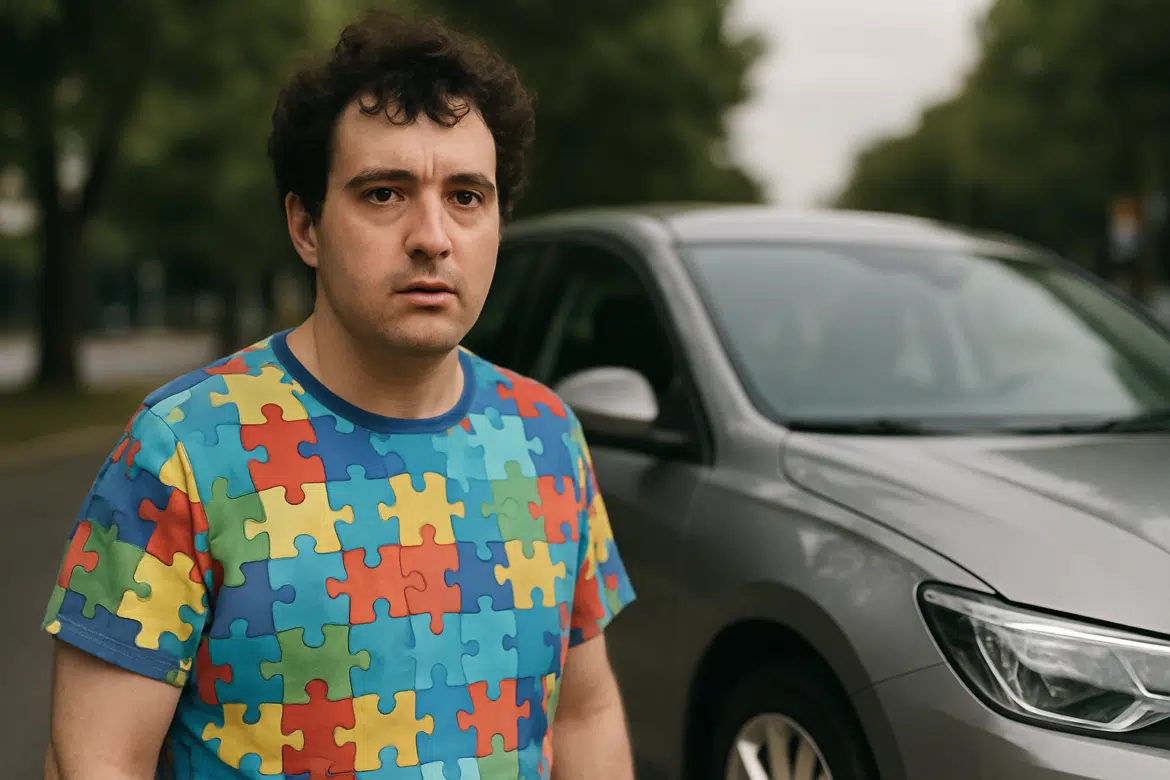 Homem com camiseta de peças de quebra-cabeça em frente a um carro