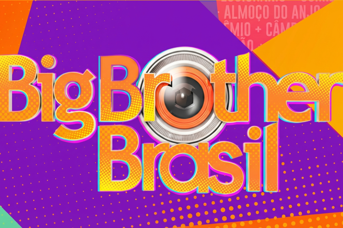 Logo do Big Brother Brasil 26 com câmera central e fundo roxo e laranja vibrante