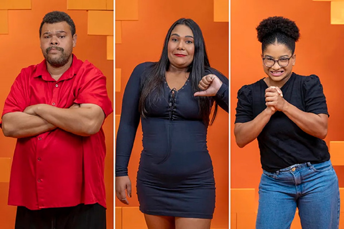 Babu, Chaiany ou Milena? Enquete do BBB 26 aponta favorito para sair 6 Três participantes do BBB 26 posam com diferentes expressões diante de parede laranja.
