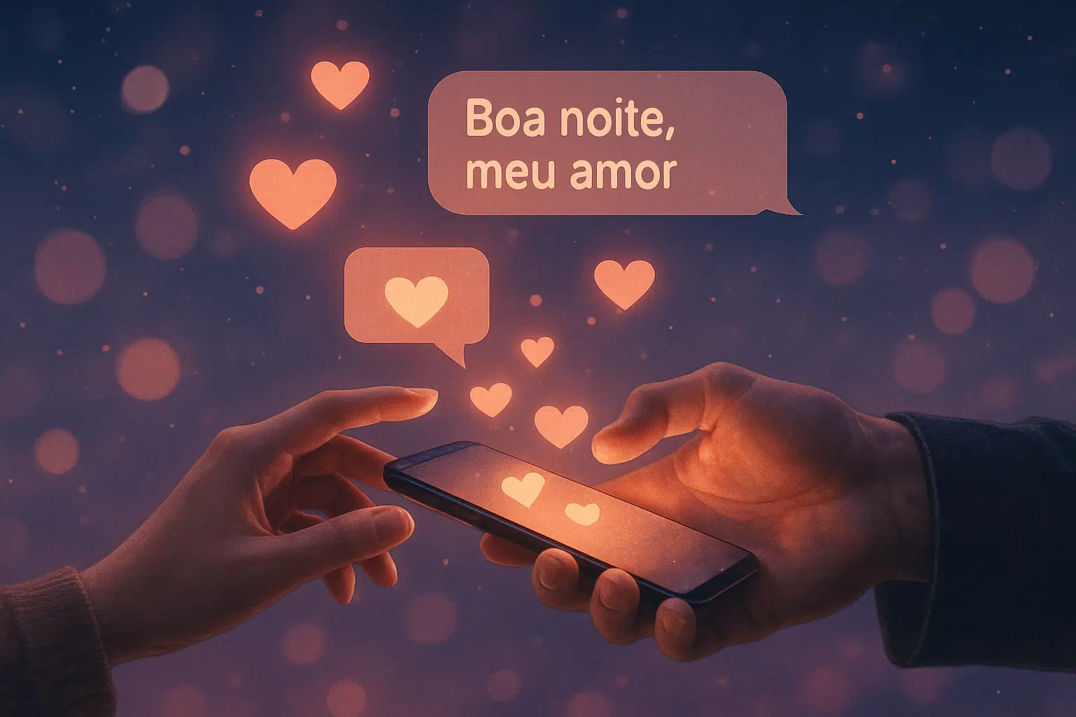 Boa noite com afeto: 30 mensagens curtas e elegantes para enviar agora e mostrar que você lembrou de alguém especial 6 Duas mãos segurando um celular com corações flutuando e mensagem de boa noite