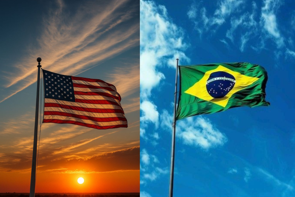 Composição dividida ao meio: à esquerda, a bandeira dos Estados Unidos hasteada durante o pôr do sol; à direita, a bandeira do Brasil hasteada sob um céu azul claro com nuvens.