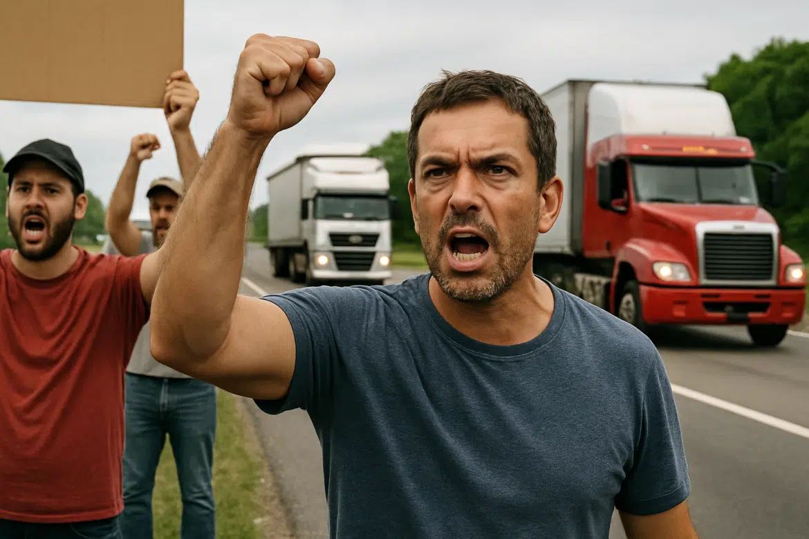 Homens protestando próximos a caminhões em estrada