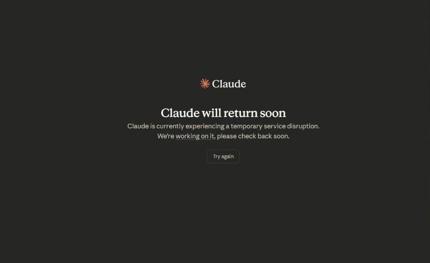 Claude caiu! Usuários relatam problemas na ferramenta de IA nesta segunda-feira 2 Captura de tela da interface do Claude exibindo a mensagem de erro "Claude will return soon" (Claude retornará em breve) em texto branco sobre um fundo cinza escuro.