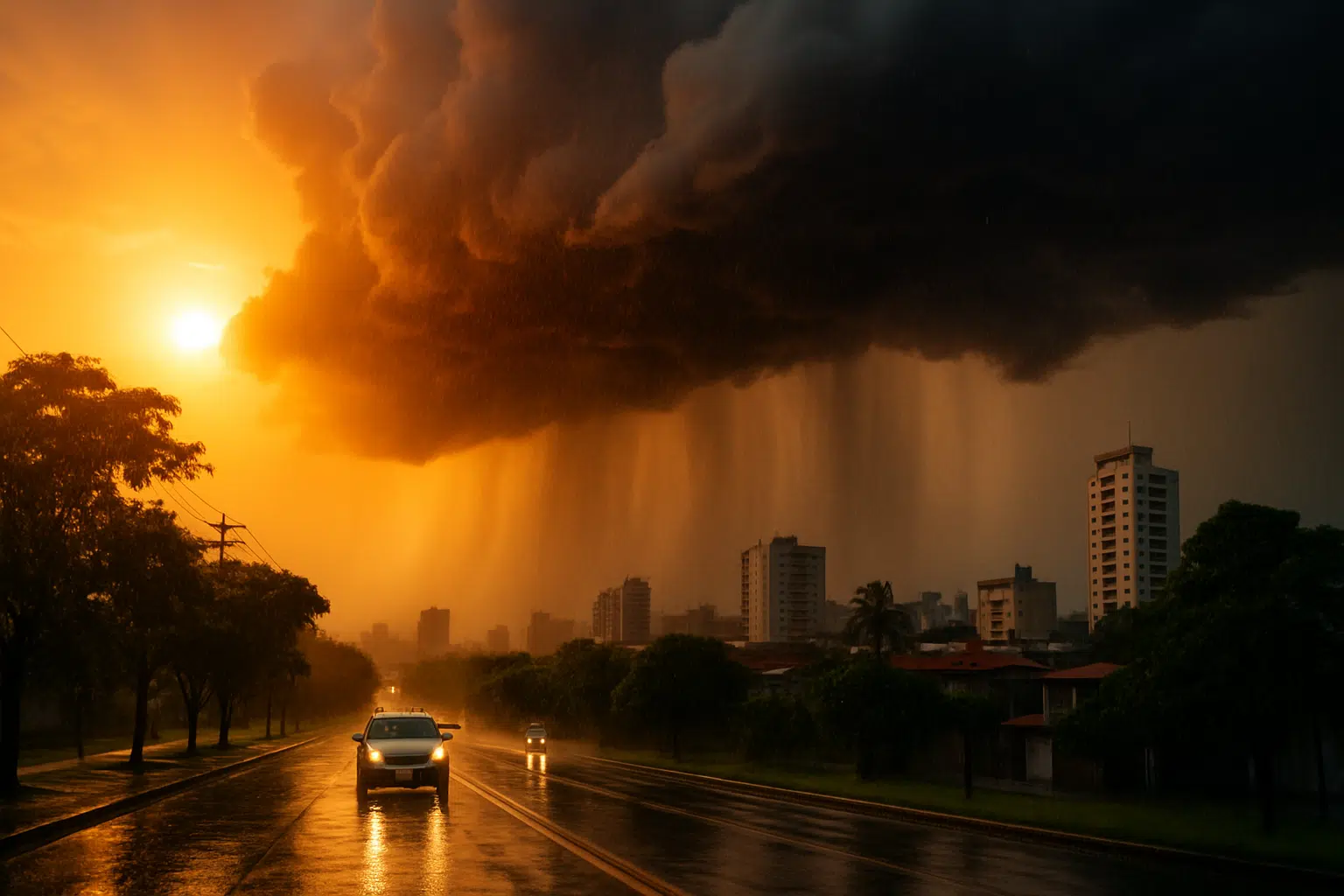Quinta-feira com calor e chuva forte em boa parte do país; confira a previsão 6 Veículo circula em avenida molhada enquanto nuvem escura despeja chuva intensa com sol ao fundo