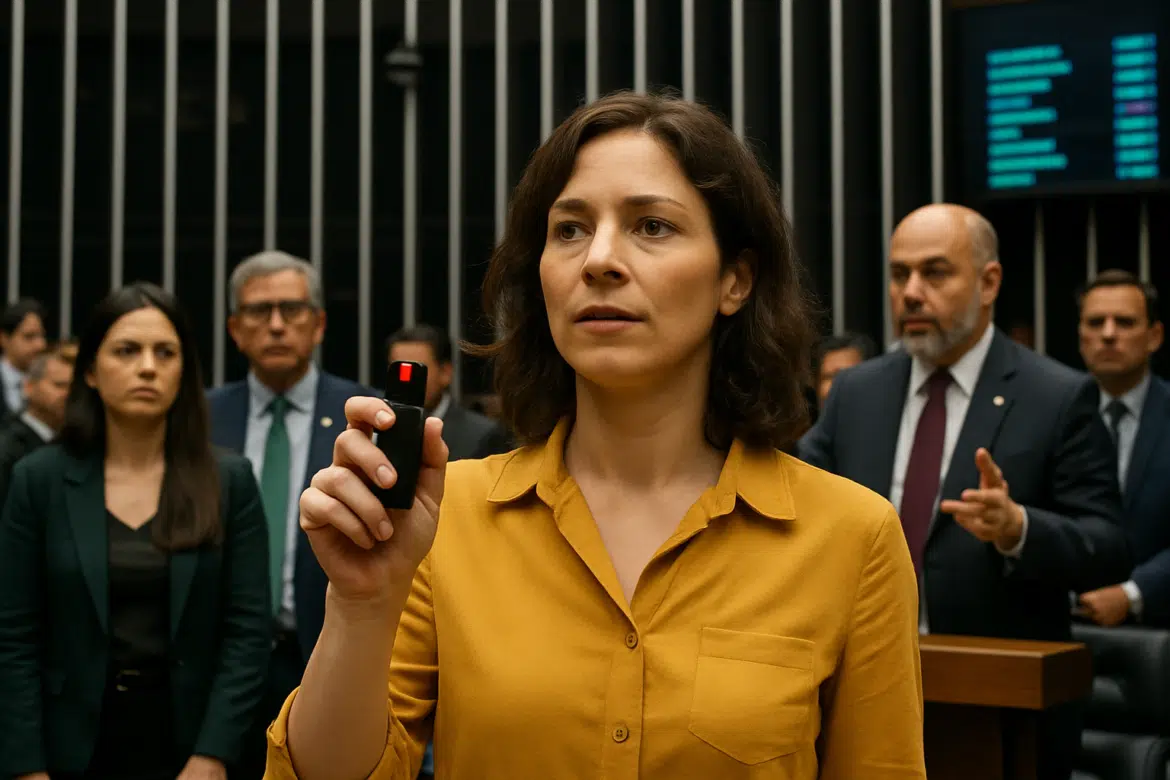 Mulher votando em plenário, segurando controle eletrônico