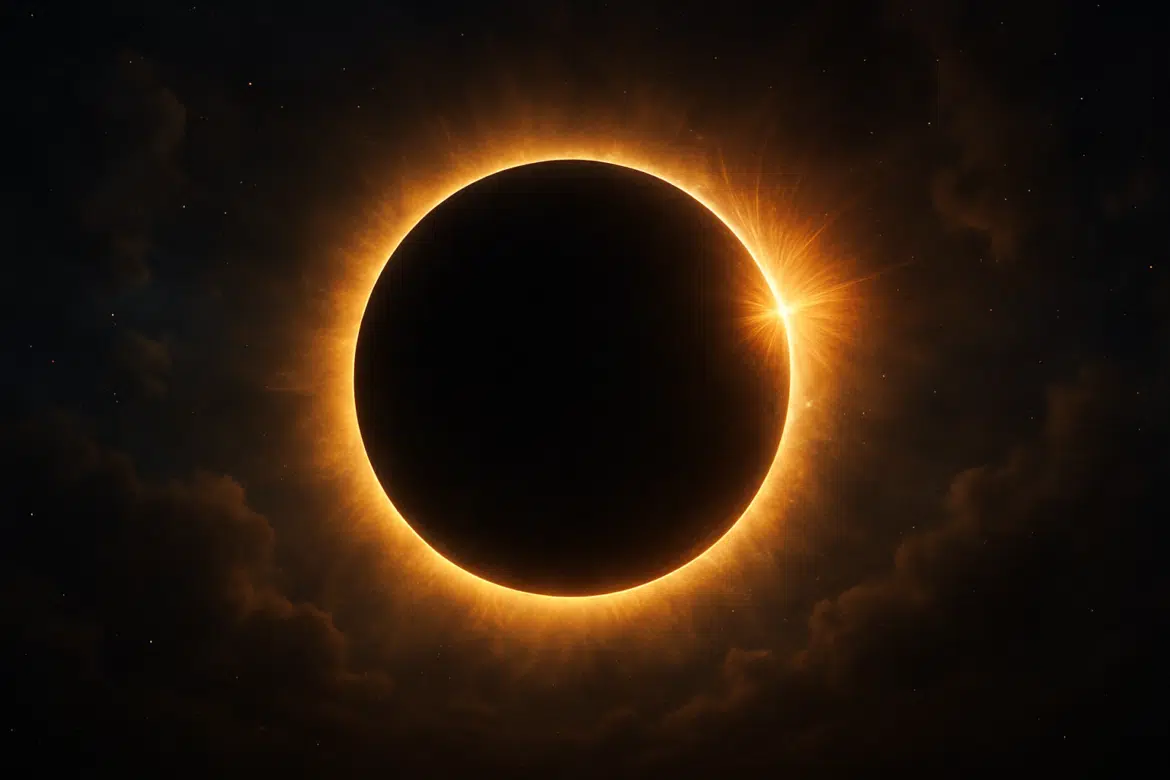 Eclipse solar total com anel de luz ao redor da Lua