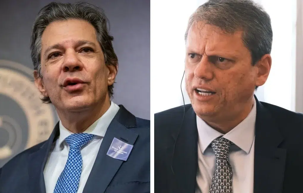 Resultado de pesquisa entre Haddad x Tarcísio surpreende cenário político 6 Dois políticos de terno discutem, cada um olhando em direção oposta, expressão determinada