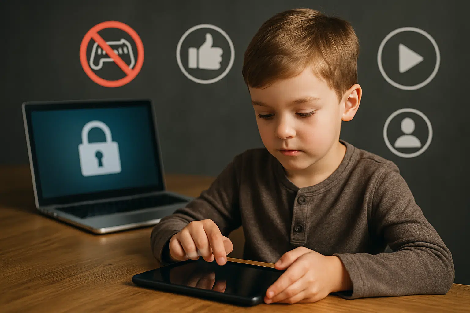 Rolagem infinita não será mais permitida para crianças nas redes sociais; veja regras 6 Criança usando tablet com notebook ao fundo e ícones de controle parental