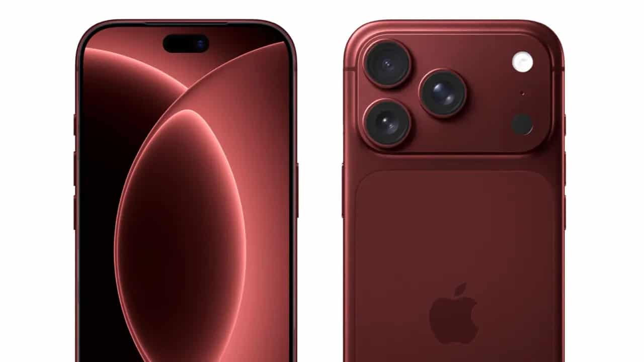 Novo iPhone 18 Pro vaza antes do lançamento e detalhe inesperado chama atenção 6 Smartphone iPhone 18 Pro na cor vermelha visto de frente e de trás com câmeras em destaque