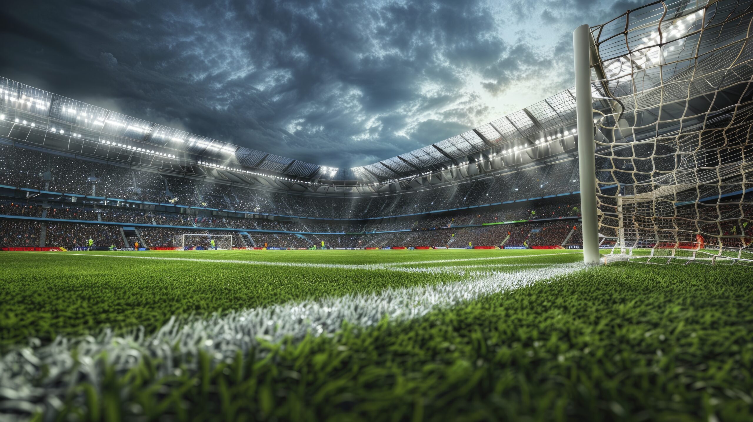 Descubra quem joga no futebol hoje e assista ao vivo antes que acabe – sexta-feira (13/03/2026) 6 Estádio de futebol com gramado verde, trave em destaque, arquibancadas lotadas e céu nublado ao fundo