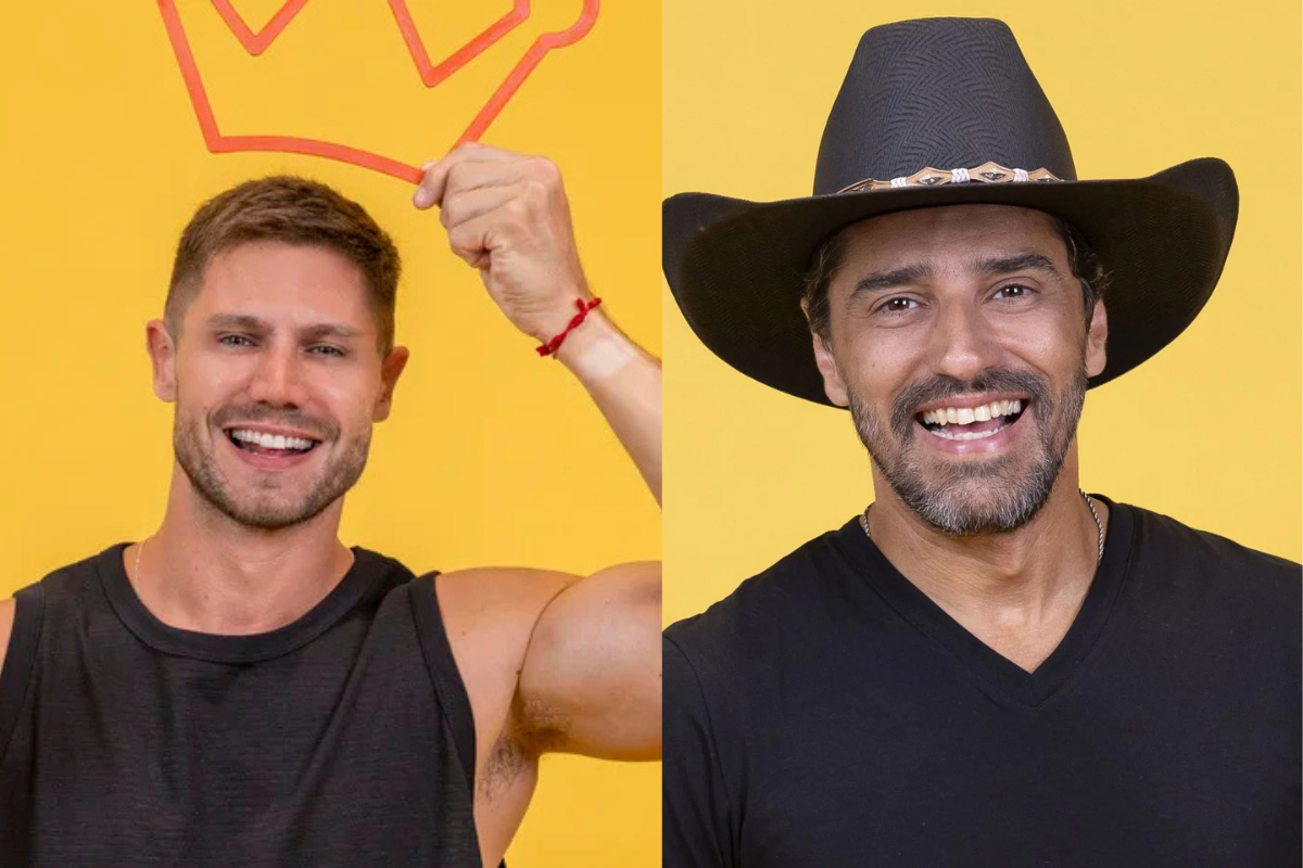 BBB: Confira ranking de maiores vencedores da Prova do Líder 6 Dois homens sorrindo contra um fundo amarelo vibrante. À esquerda, Jonas Sulzbach de regata preta, segurando um aro de coroa laranja na cabeça. À direita, Alberto Cowboy com barba grisalha e chapéu de cowboy preto.
