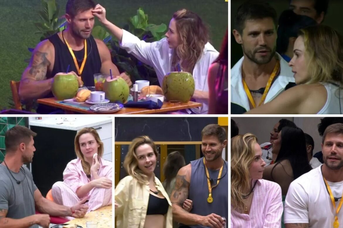 Ana Paula toca o rosto de Jonas enquanto compartilham refeição e trocam olhares na casa