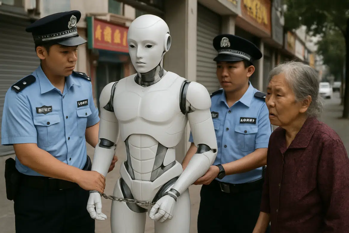 Robô sendo escoltado por dois policiais com uma senhora observando