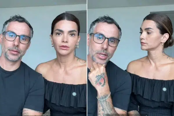 Kelly Key faz denúncia grave contra vizinho e revela episódios que assustaram sua família 6 Composição de duas imagens de Mico Freitas e Kelly Key durante um relato em vídeo, onde aparecem com semblantes sérios e tatuagens visíveis.