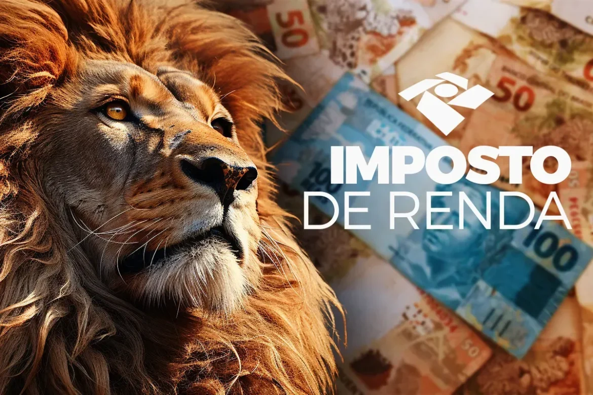 Leão simbolizando o Imposto de Renda com cédulas de dinheiro ao fundo, destacando o tema de mudanças nas regras para 2026.
