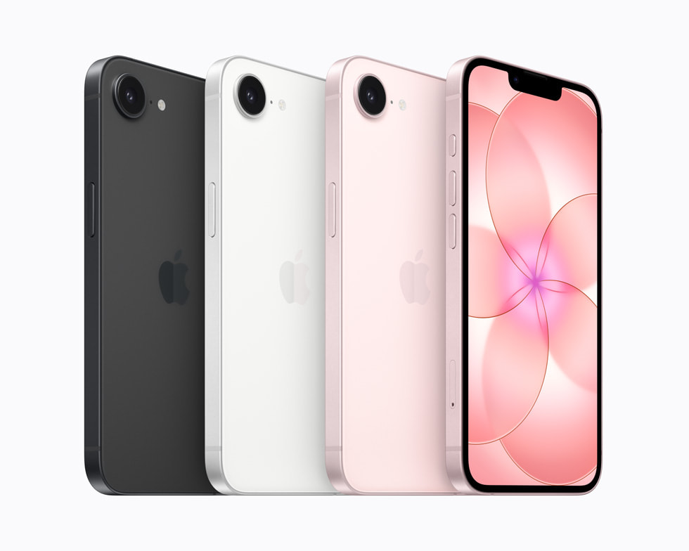 iPhone 17e da Apple é oficial! Conheça o novo modelo mais em conta da marca 6 Três iPhones 17e alinhados em preto, branco e rosa, com tela exibindo papel de parede floral