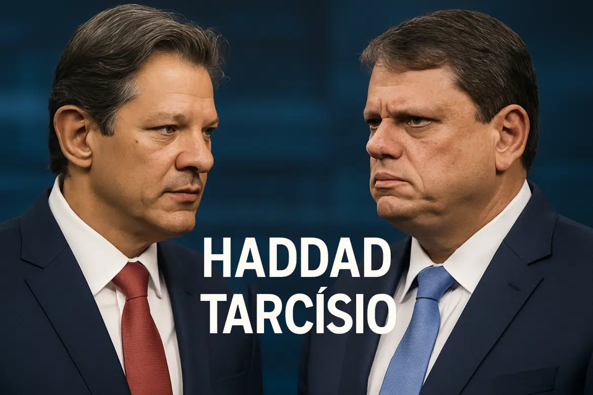 Os dois possíveis candidatos, Haddad e Tarcísio de terno em frente a frente, com o texto 'HADDAD TARCÍSIO' entre eles
