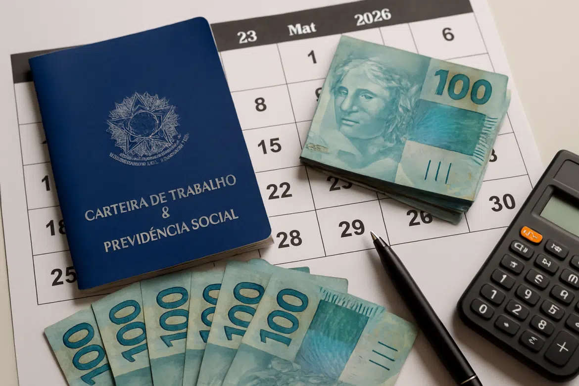 Carteira de Trabalho ao lado de notas de R$ 100, calendário de março de 2026, caneta e calculadora