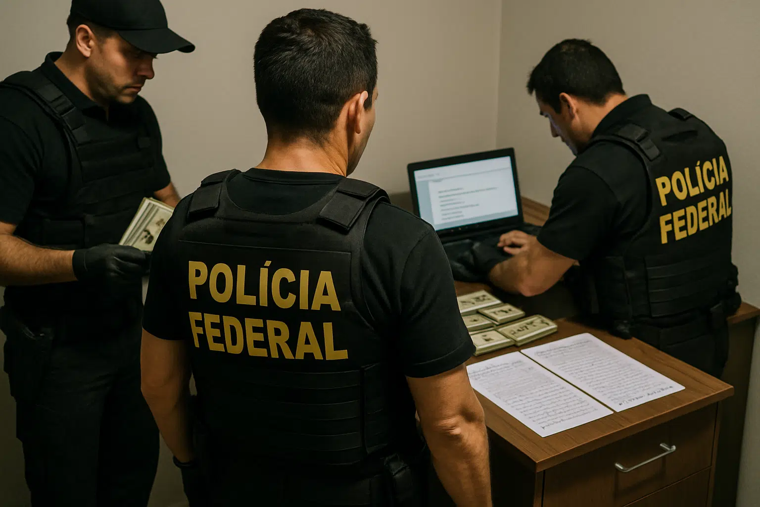 "Pagou, passou": esquema de fraudes em concursos públicos é revelado pela Polícia Federal 6 Três agentes da Polícia Federal verificam dinheiro, documentos e laptop em sala de investigação