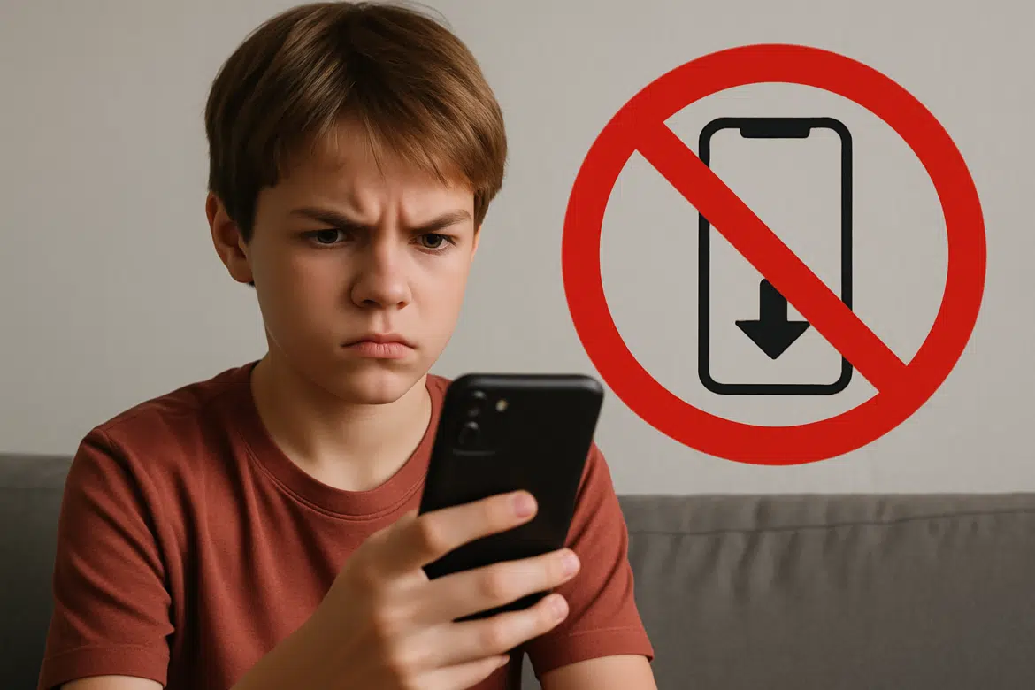 Jovem segurando celular com expressão séria ao lado de placa de proibição de smartphone