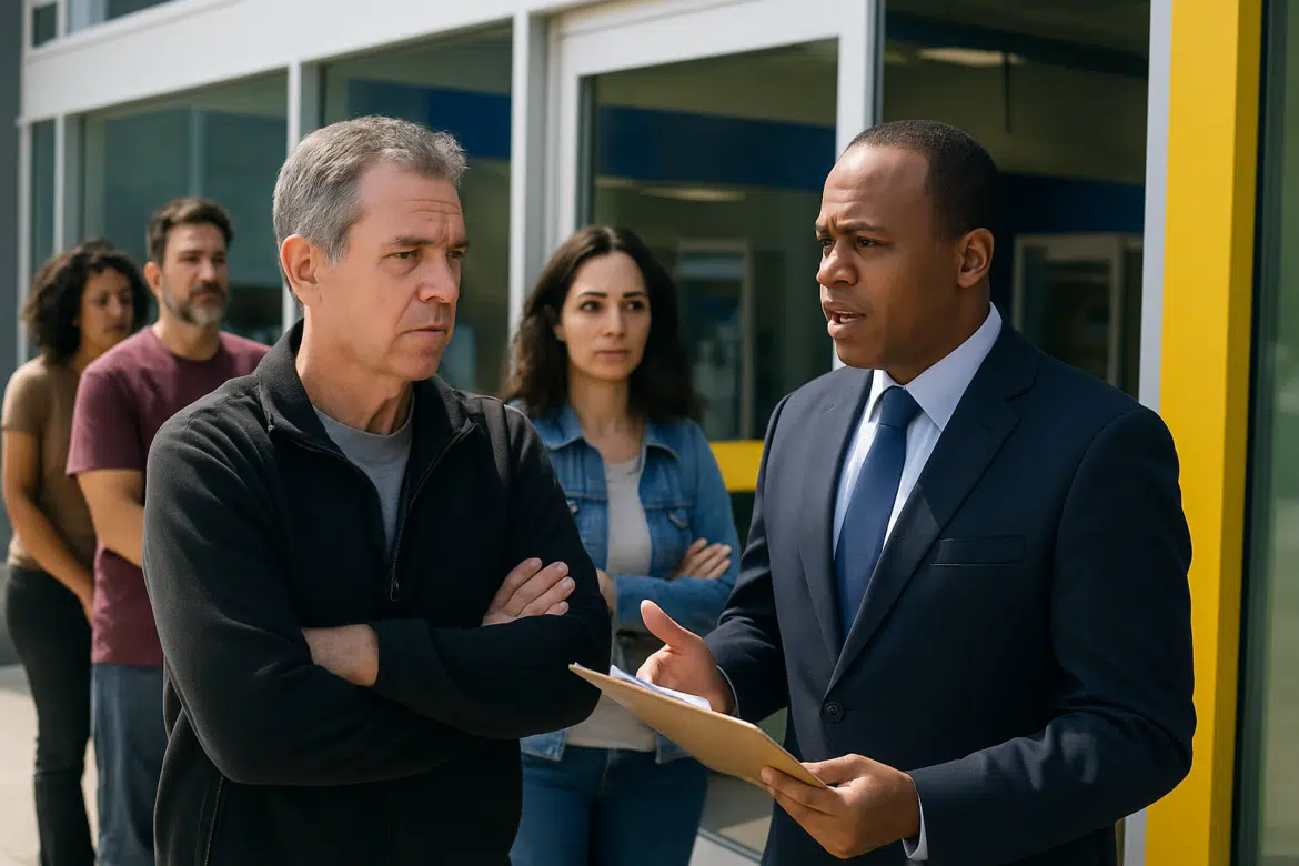 Grupo de pessoas em fila escuta gerente de banco explicando sobre renegociação de dívidas