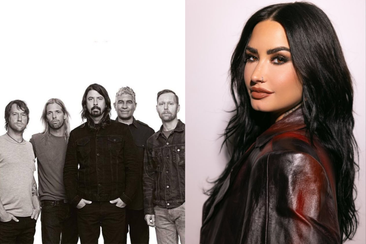 Colagem de fotos para o Rock in Rio 2026. À esquerda, a banda Foo Fighters em foto preto e branco; à direita, a cantora Demi Lovato em foto colorida com jaqueta de couro vermelha.