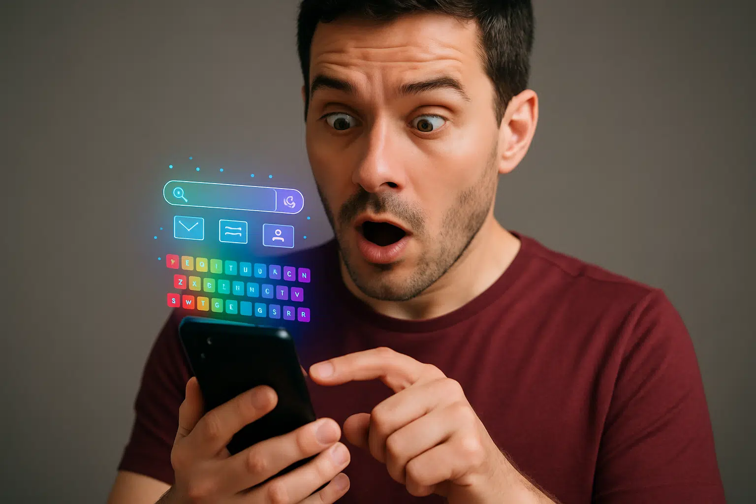 Não caia em fake news! Mensagem sobre teclado do WhatsApp é falsa 6 Homem de expressão surpresa toca smartphone com teclado virtual colorido flutuando