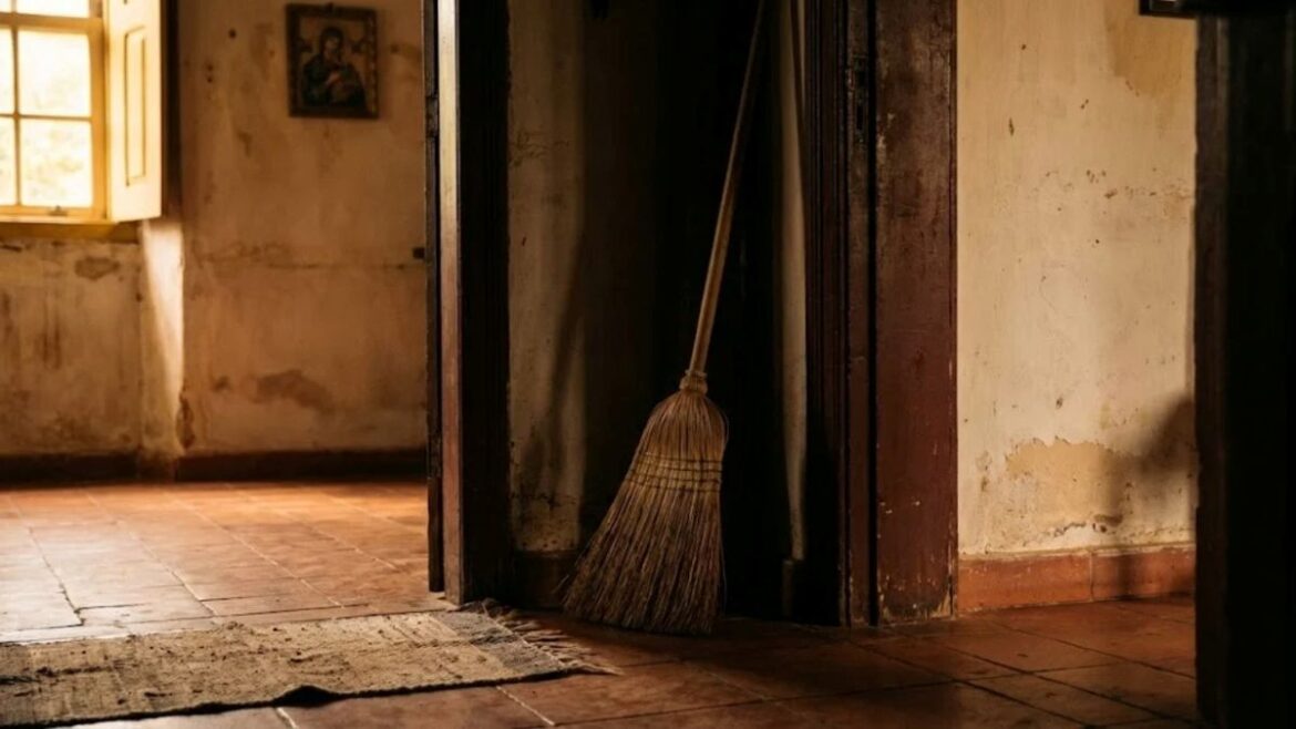 Uma vassoura de palha rústica encostada no canto de uma porta em uma casa de estilo antigo, com iluminação suave vinda de uma janela ao fundo.