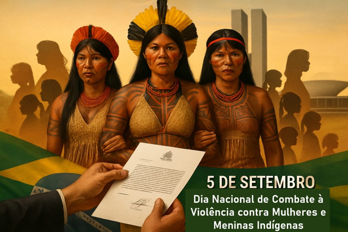 Três mulheres indígenas de braços dados, com trajes e pinturas tradicionais, à frente de uma bandeira do Brasil e um papel oficial, com texto sobre o Dia Nacional de Combate à Violência contra Mulheres e Meninas Indígenas.