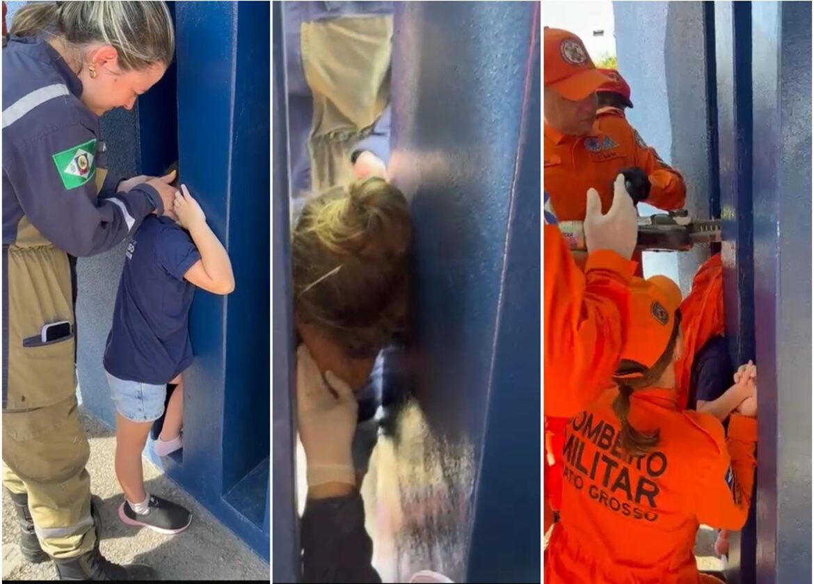 Bombeiros do 5º Batalhão socorrem menina de 4 anos presa entre vigas de concreto em escola de Sorriso, utilizando equipamento de desencarceramento.