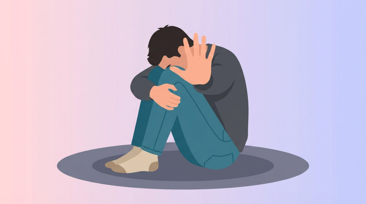 Ilustração vetorial de pessoa sentada abraçando os joelhos com mão na cabeça, representando depressão ou ansiedade