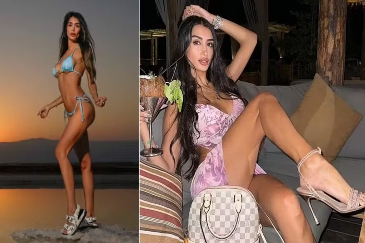 Adva Lavie em duas poses: biquíni azul em praia ao pôr do sol e vestido rosa com bolsa Louis Vuitton