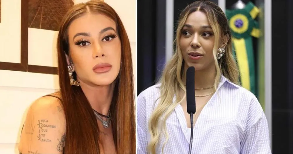 Apoline se posiciona contra Erika Hilton na Comissão da Mulher; entenda a polêmica 6 Montagem com Apoline, influenciadora trans, à esquerda, e deputada Érika Hilton discursando ao microfone, com bandeira do Brasil ao fundo.