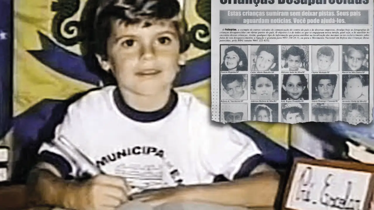 Caso Evandro: STF confirma inocência de condenados e encerra processo após quase 34 anos 6 Menino Evandro Ramos Caetano sorrindo, vestindo uniforme escolar branco, ao lado de cartaz com fotos de crianças desaparecidas.