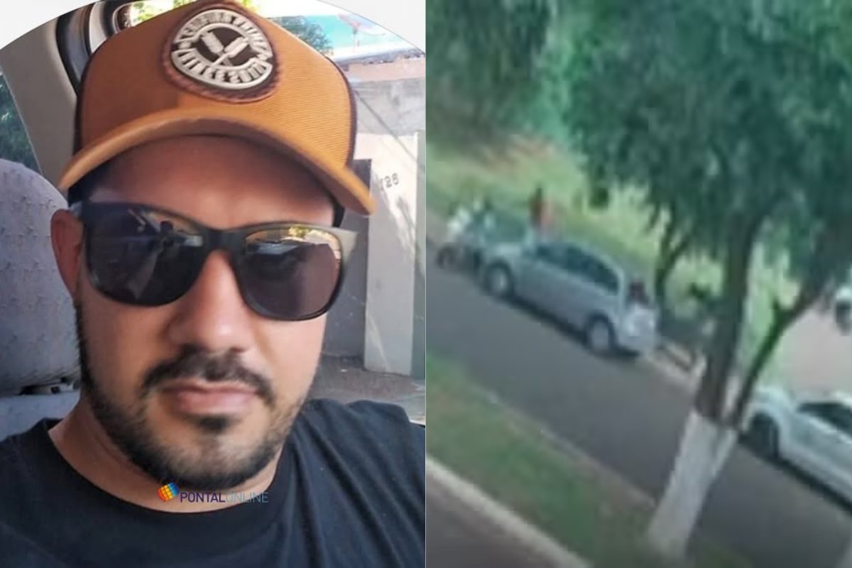 Caso chocante: Dez anos após morte da mãe, jovem mata assassino a tiros 6 Homem com boné caramelo e óculos escuros ao lado de imagem de câmera de segurança registrando crime em rua