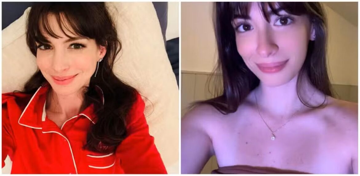 Montagem comparativa com duas fotos: à esquerda, a atriz Anne Hathaway sorrindo em uma selfie; à direita, a brasileira Emily Estevem Rolim, que apresenta traços físicos muito semelhantes, como o formato dos olhos, sorriso e cabelos castanhos com franja.