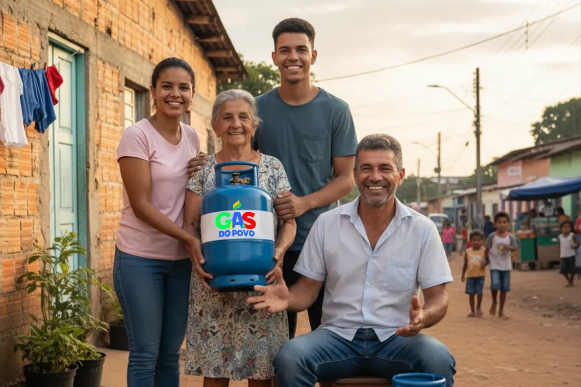 Quatro pessoas sorrindo seguram um botijão de gás azul com o logo "Gás do Povo" em rua de bairro popular com casas de tijolo