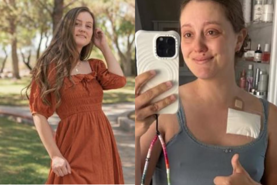 Colagem de duas fotos da americana Haleigh Knight: à esquerda, ela sorri em um vestido laranja em um parque; à direita, ela tira uma selfie no banheiro simulando um paciente com câncer, com um curativo branco no peito e aparência abatida.
