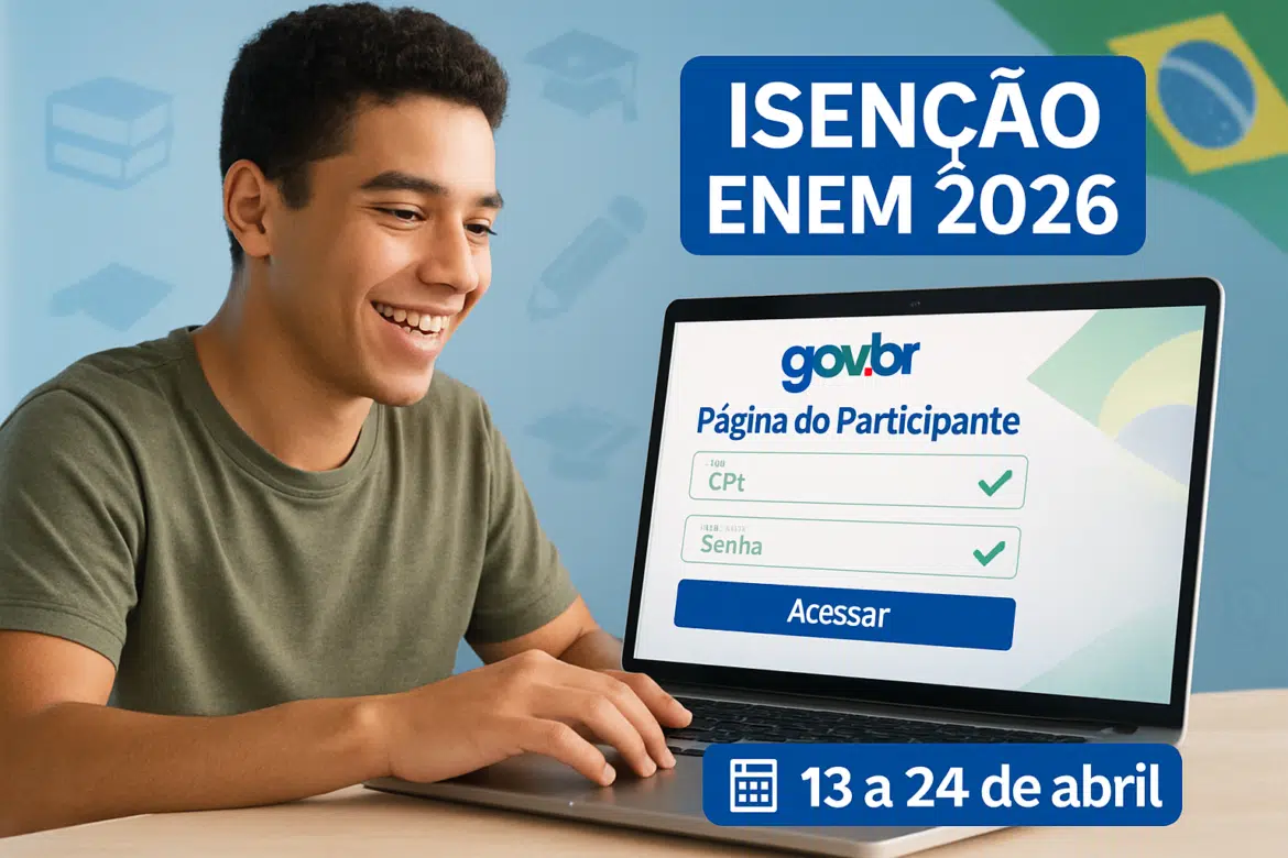 Jovem sorrindo ao acessar página do participante do ENEM 2026 no notebook