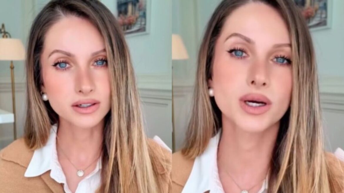 Montagem com duas fotos de Lorrayne Mavromatis olhando para a câmera e falando, vestindo uma blusa branca e um cardigã marrom claro em um ambiente iluminado.