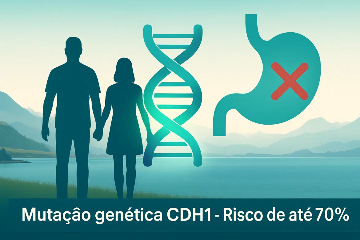 Representação de casal, fita de DNA e estômago com X, indicando risco genético associado à mutação CDH1