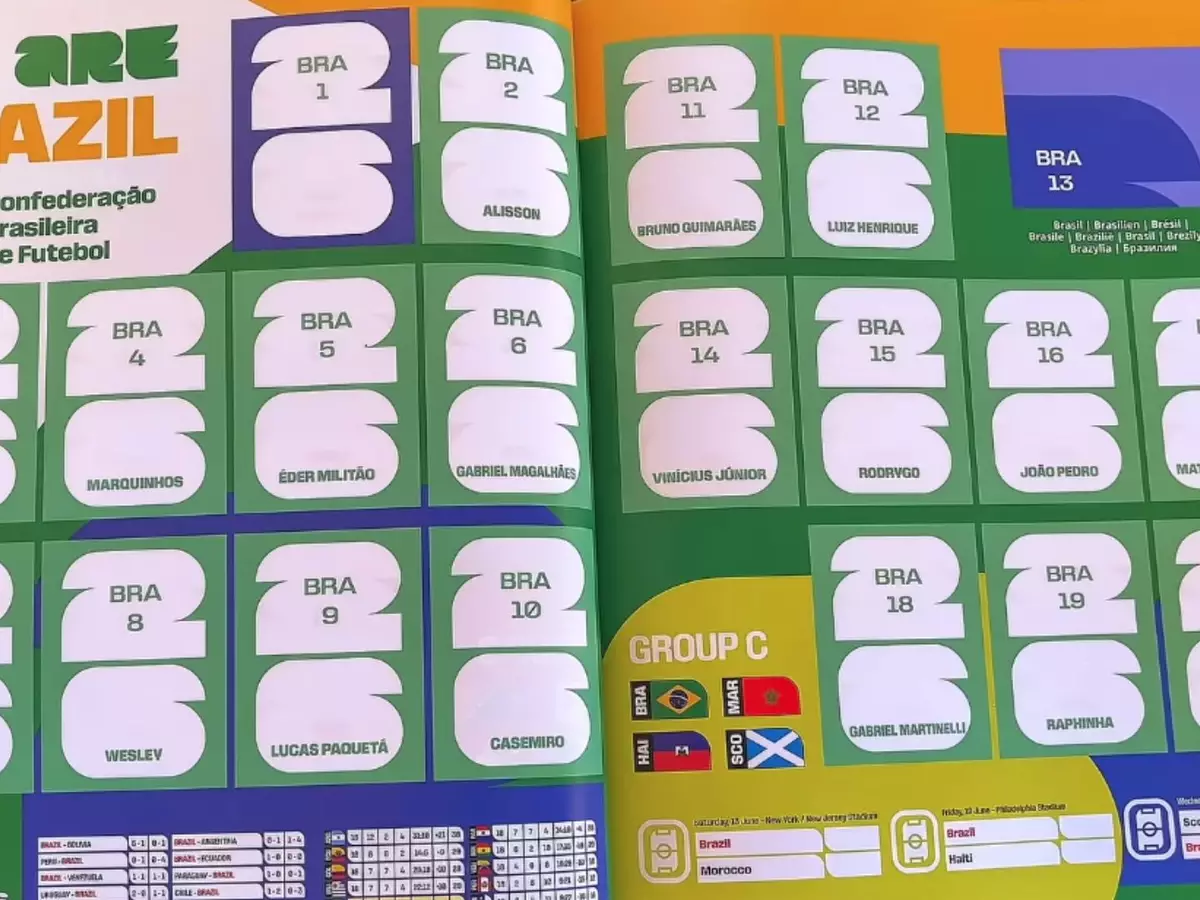 Neymar vai ficar de fora do álbum oficial da Copa 2026? Saiba quem está na lista 6 Páginas do álbum Panini da Copa 2026 com figurinhas da Seleção Brasileira no Grupo C contra Marrocos, Haiti e Escócia